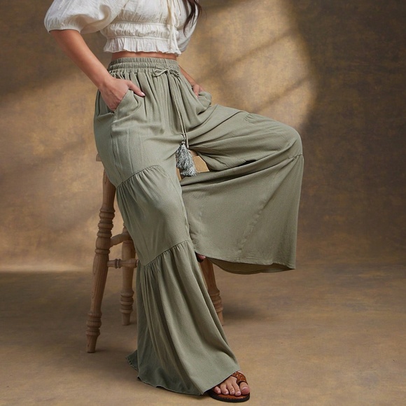 Boho Sage Green Stretchy Waist Wide leg Ruffle Hem Pants - Picture 2 of 5